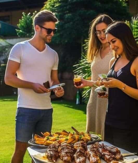 Private chef outdoor dining with gourmet grilled meats and delicious side dishes in Australia.