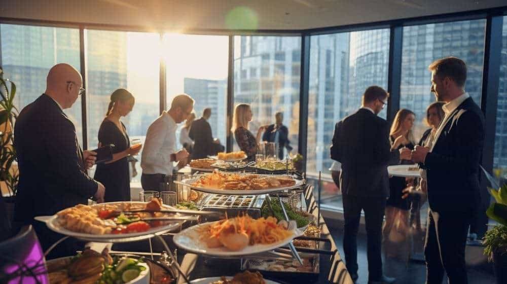 Elegant corporate event catering with gourmet dishes and professional private chef services in a modern city skyline setting.