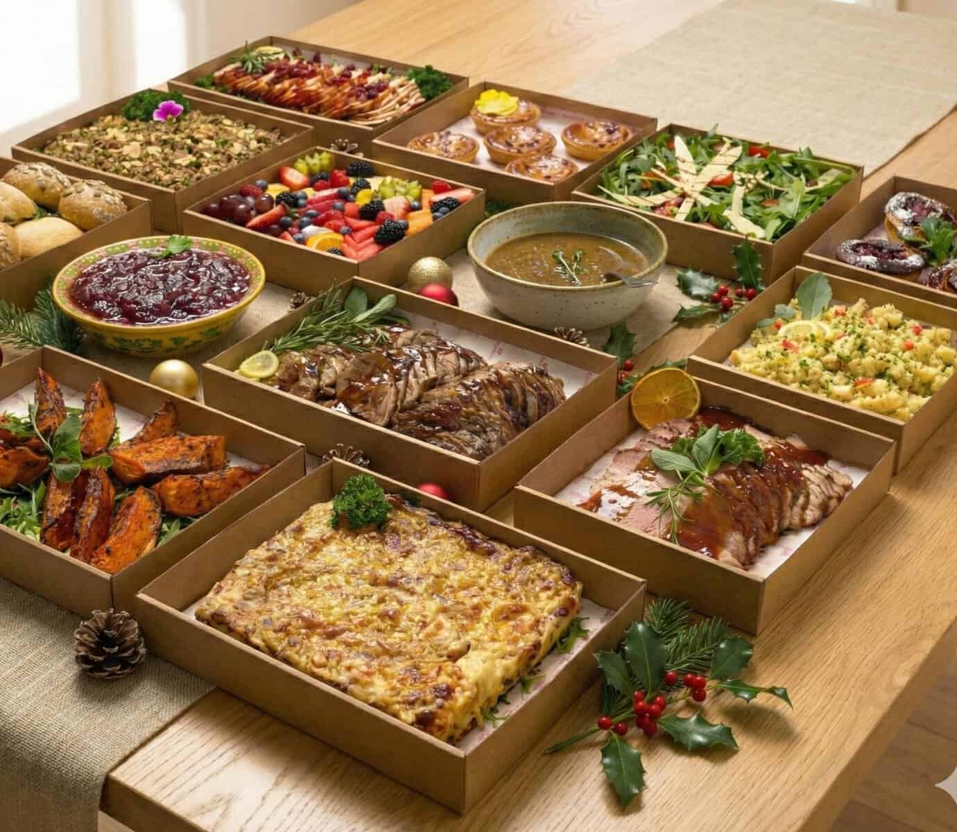 Christmas Gourmet Buffet — Premium Main and Dessert to Share Christmas gourmet buffet platter with premium main dishes and shared dessert plates for a Melbourne company Christmas party