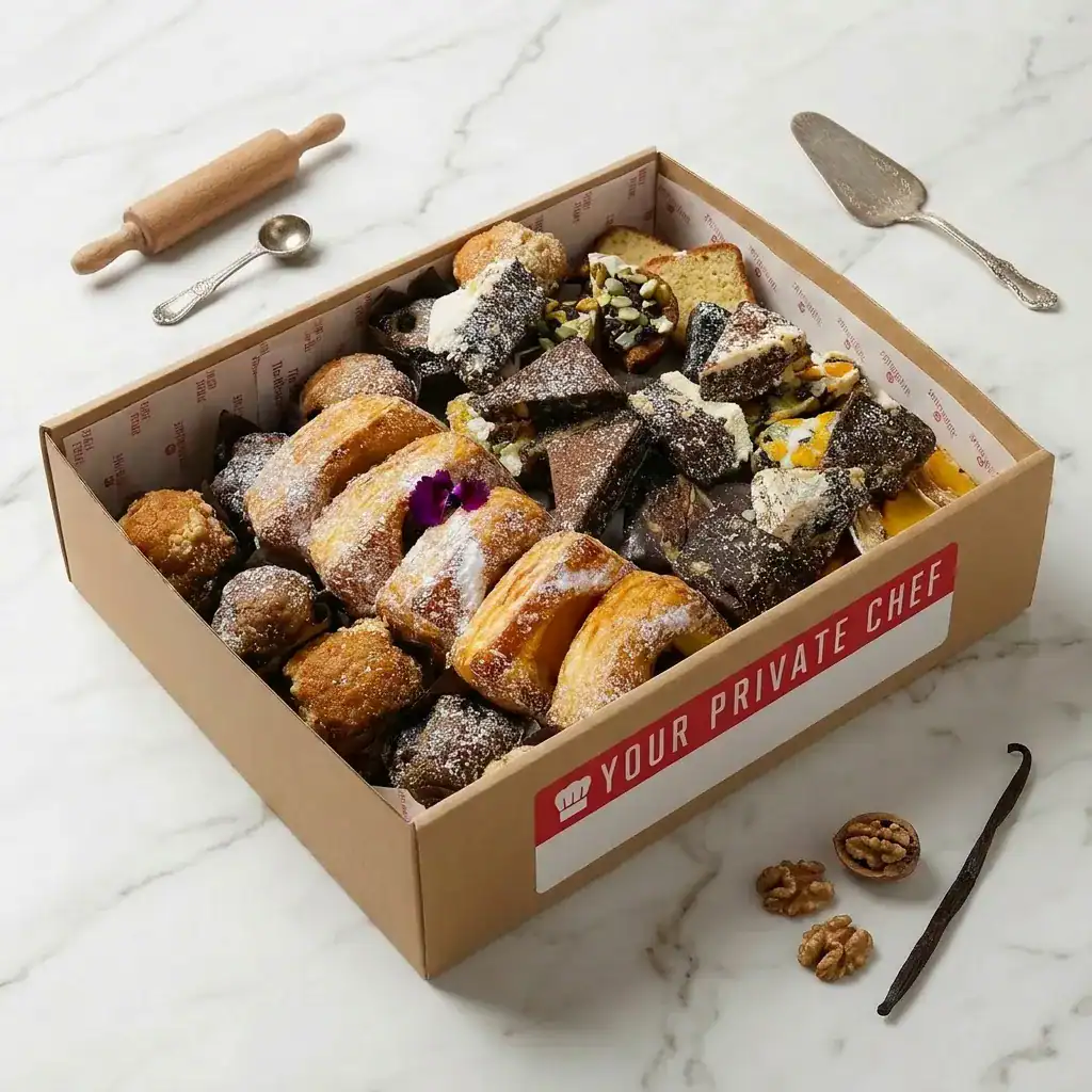 Chocolate and pastry assortment in a box, perfect for private chef catering.
