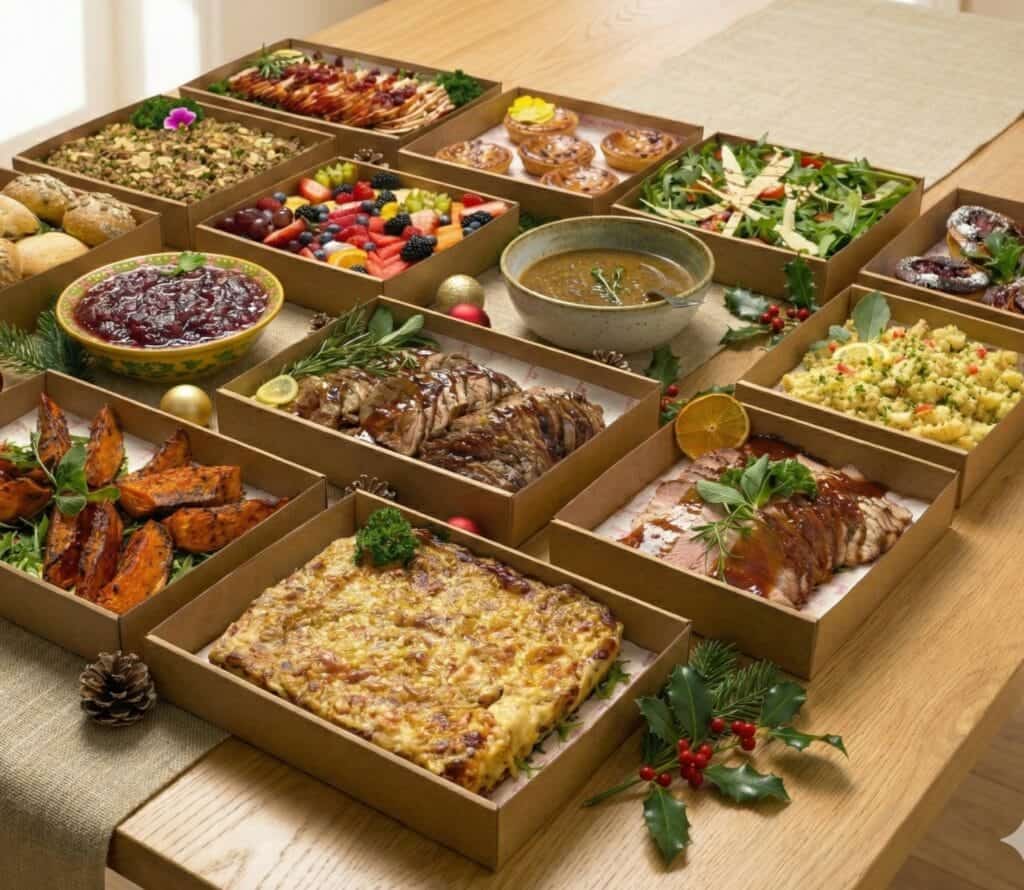 Gourmet holiday feast with assorted dishes and desserts in elegant presentation.
